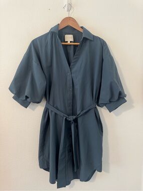 BROCHU WALKER The Kate Belted Mini Shirtdress Blouson Sleeves Quiet Luxury XS